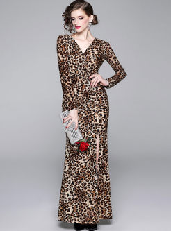 Leopard V-neck Long Sleeve Slit Party Dress