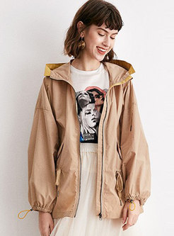 Casual Hooded Trench Coat With Drawcord