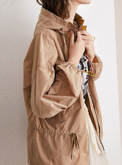 Casual Hooded Trench Coat With Drawcord
