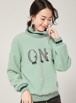 Stand Collar Embroidered Color-blocked Loose Thick Sweatshirt