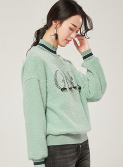 Stand Collar Embroidered Color-blocked Loose Thick Sweatshirt