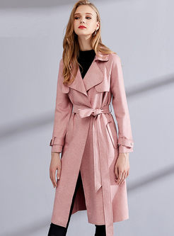 Pink Lapel Suede Waist Trench Coat