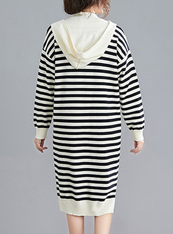 Patchwork Hooded Striped Straight Sweater Dress