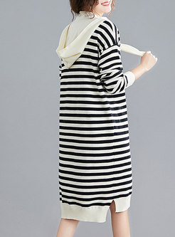 Patchwork Hooded Striped Straight Sweater Dress