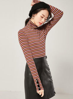 Turtleneck Stripe Pullover Slim Sweater