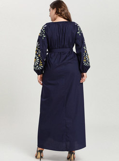 Plus Size High Waisted Embroidered A Line Maxi Dress