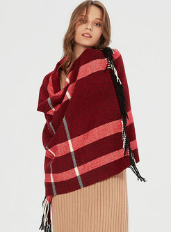Color-blocked Plaid Tassel Thick Scarf