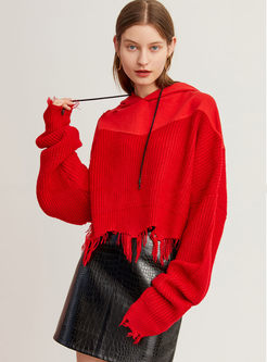 Red Loose Asymmetric Knitted Hoodie
