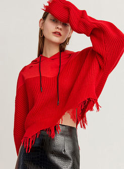 Red Loose Asymmetric Knitted Hoodie