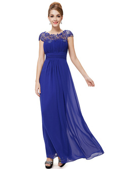 Lace Sequin O-Neck Short Sleeves High Waist Evening Dresses