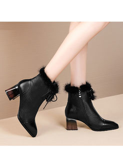 Black Chunky Heel Plush Short Boots