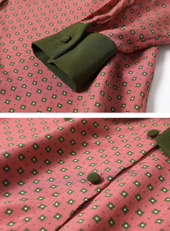 Tie Neck Color-blocked Patchwork Dot Zip-up Blouse