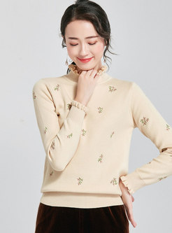 Stand Collar Embroidered Straight Pullover Sweater