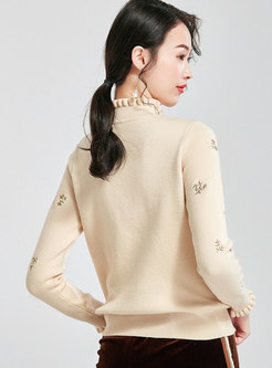 Stand Collar Embroidered Straight Pullover Sweater