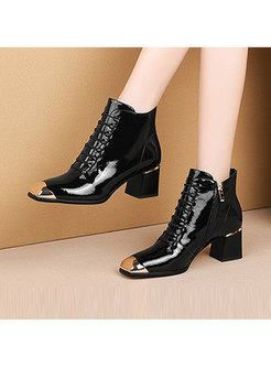 Thick Heel Square Head Bandage Leather Shoes