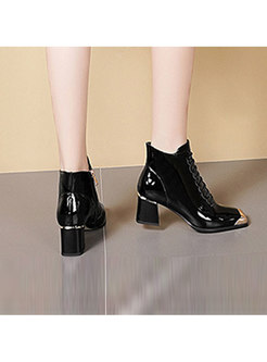 Thick Heel Square Head Bandage Leather Shoes
