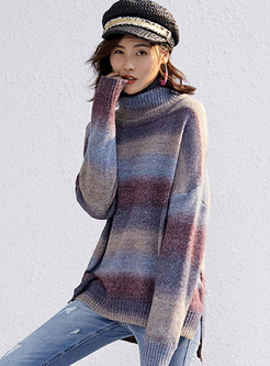 High Collar Color-blocked Loose Sweater