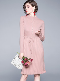 Solid Color A Line Knit Dress With Drawcord