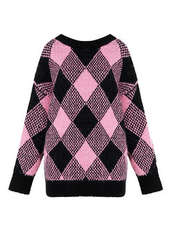 Color-blocked O-neck Pullover Diamond Sweater