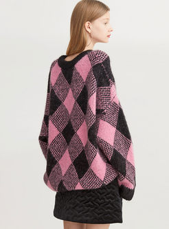 Color-blocked O-neck Pullover Diamond Sweater