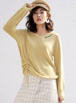 V-neck Letter Embroidered Drawcord Sweater