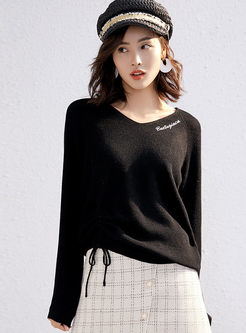 V-neck Letter Embroidered Drawcord Sweater