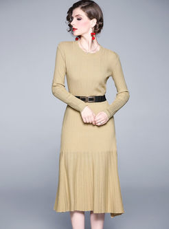 Solid Color O-neck Long Sleeve Sweater Dress