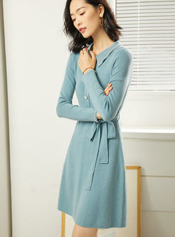 Solid Color Beads Waist Sweater Dress