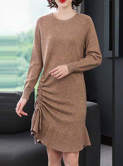 Solid Color Slim Sweater Dress With Drawcord
