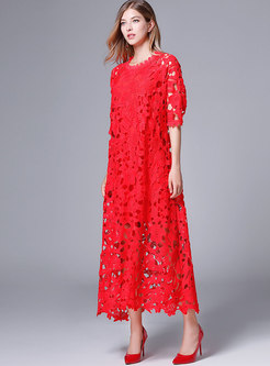 O-neck Openwork Loose Maxi Dress With Camisole