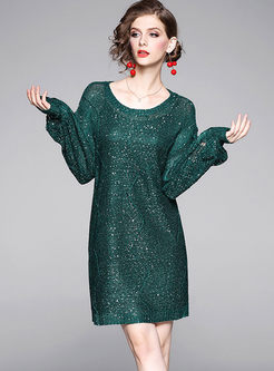 O-neck Lantern Sleeve Sequin Sweater Dress