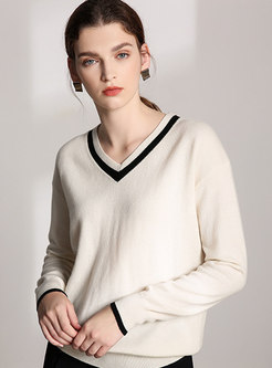 V-neck Color-blocked Loose Wool Sweater