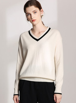 V-neck Color-blocked Loose Wool Sweater