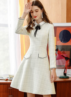 Sweet Stand Collar Bowknot Plaid Thick A Line Dress