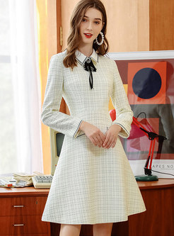 Sweet Stand Collar Bowknot Plaid Thick A Line Dress