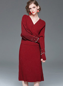 Casual Bat Sleeve Beading Knit Two Piece Dresses