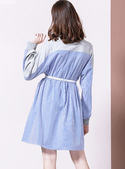 Casual O-neck Patchwork Stripe Dress Without Belt