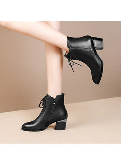 Thick Heel Tie Short Plush Leather Boots 