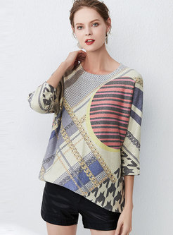 3/4 Sleeve Print Muti-color Loose Sweatshirt