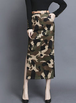 High Waisted Camouflage Slit Midi Skirt