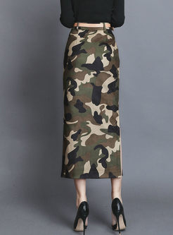 High Waisted Camouflage Slit Midi Skirt