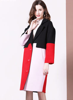 Color-blocked Lapel Wool Blended Overcoat