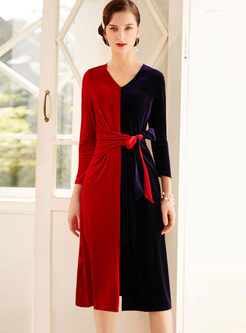 Color-blocked V-neck Long Sleeve Slim Dress