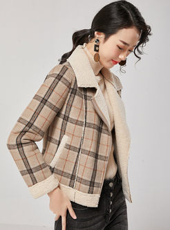 Lapel Plaid Short Straight Fleece Coat