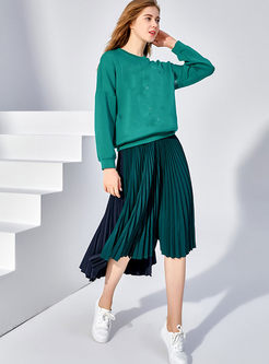 Solid Color Elastic Waist Pleated Skirt