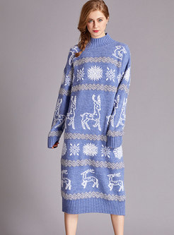 Casual Print Pullover Long Sweater Dress