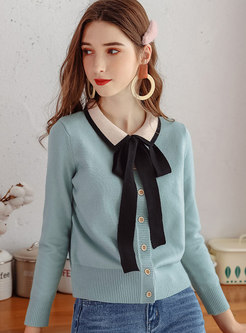Bowknot Color-blocked Zip-up Knit Top