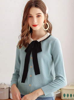 Bowknot Color-blocked Zip-up Knit Top