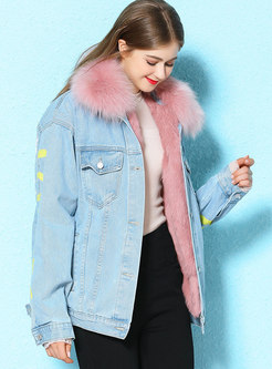 Print Straight Thick Sherpa-lined Denim Parka