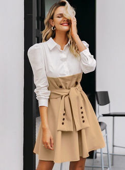 Casual Lapel Patchwork High Waisted Skater Dress